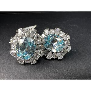 Sterling Silver Aqua CZ Halo Omega Back Earrings New w Tags